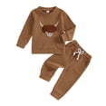 thumbnail image 1 of Aojekbee 2-Piece Toddler Boys Waffle Set Letter Cow Embroidered Long Sleeve Round Neck Tops Drawstring Pocket Long Pants Outfits, 1 of 10