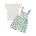 thumbnail image 1 of Aojekbee 2PCS Baby Girls Summer Outfits Fly Sleeve Ribbed Tops + Daisy Suspender Shorts Set Toddler Clothes, 1 of 10