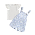 thumbnail image 1 of Aojekbee 2PCS Baby Girls Summer Outfits Fly Sleeve Ribbed Tops + Daisy Suspender Shorts Set Toddler Clothes, 1 of 10
