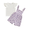 thumbnail image 1 of Aojekbee 2PCS Baby Girls Summer Outfits Fly Sleeve Ribbed Tops + Daisy Suspender Shorts Set Toddler Clothes, 1 of 10