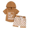 thumbnail image 1 of Aojekbee 2Pcs Baby Boy Summer Outfits Short Sleeve Hoodie + Pocket Checkerboard Shorts Set Toddler Clothes, 1 of 10