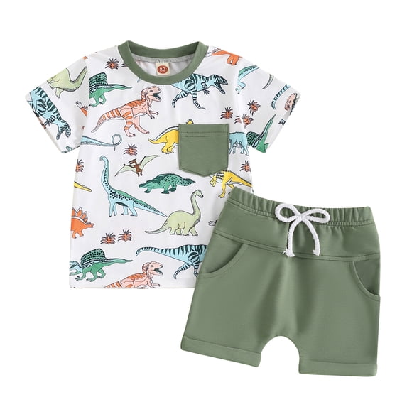 Aojekbee 2Pcs Toddler Boy Summer Outfits Short Sleeve Dinosaur Print T-Shirt + Shorts Set Baby Clothes