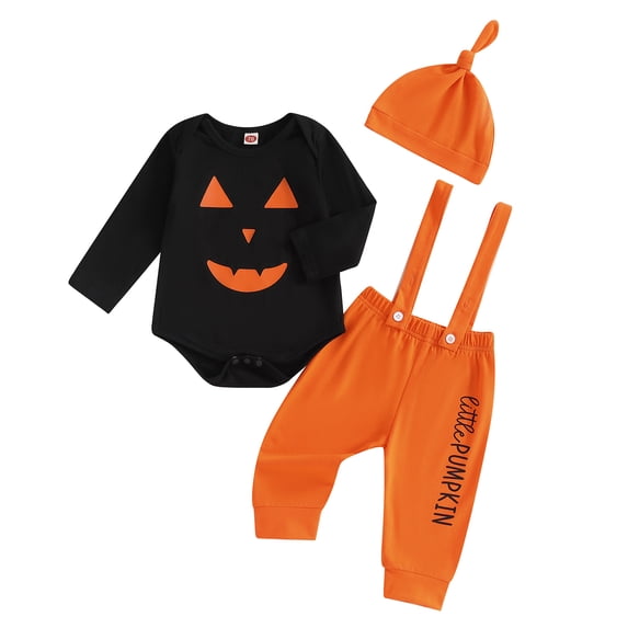 Aojekbee 3-Piece Baby Halloween Set Witch Pumpkin Print Long Sleeve Romper Letter Print Long Overall Pants Hat Outfits