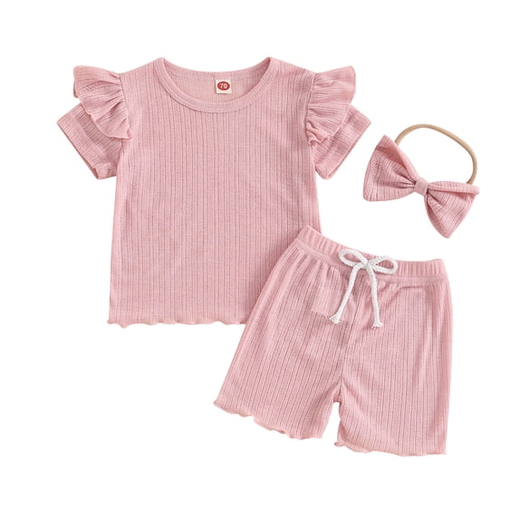 Aojekbee 3-Piece Toddler Girls Ribbed Set Ruffles Short Sleeve Round Neck Lacy Tops Elastic Waist Shorts Bow Hair Band Outfits