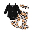 thumbnail image 1 of Aojekbee 3-Pieces Baby Girls Halloween Set Long Sleeve Boat Neck Bow Cami Romper Witch Pumpkin Print Flare Pants Hair Band Outfits, 1 of 10