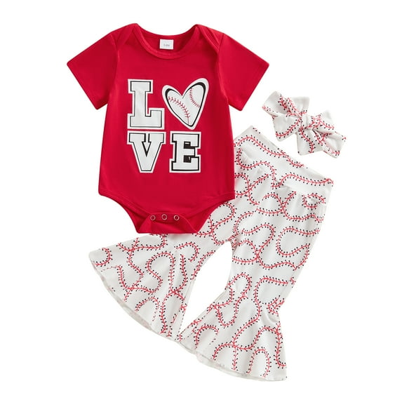 Aojekbee 3Pcs Baby Girl Baseball Outfits Short Sleeve Heart Letter Print Romper with Flare Pants Headband Set Infant Clothes