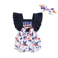 thumbnail image 1 of Aojekbee 4th of July Baby Girls Rompers Heart Stripe Stars Print Bowknot Fly Sleeve Infant Bodysuits Summer Jumpsuits with Headband, 1 of 10