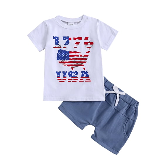 Aojekbee 4th of July Kids Boys Outfits Letter Flag Stripe Stars Print Short Sleeve T-Shirts Elastic Waist Shorts 2Pcs Clothes Set