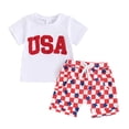 thumbnail image 1 of Aojekbee 4th of July Toddler Boys Outfits Fuzzy Letter Embroidery T-Shirts Stars Patrtern Checkerboard Shorts 2Pcs Clothes Set, 1 of 10