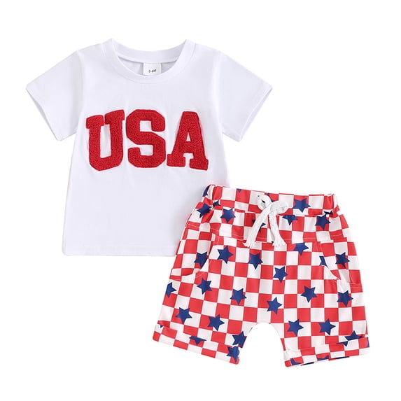 Aojekbee 4th of July Toddler Boys Outfits Fuzzy Letter Embroidery T-Shirts Stars Patrtern Checkerboard Shorts 2Pcs Clothes Set