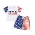 thumbnail image 1 of Aojekbee 4th of July Toddler Boys Outfits Letter Embroidery Short Sleeve T-Shirts Tops and Stripe Stars Print Shorts 2Pcs Clothes Set, 1 of 10
