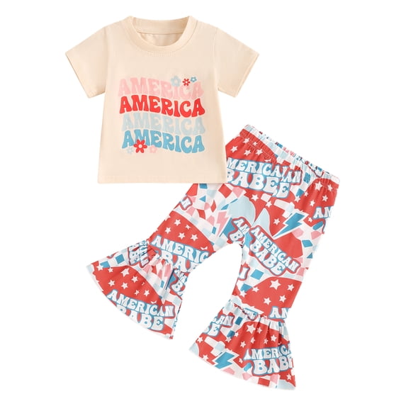 Aojekbee 4th of July Toddler Girls Outfits Letter Print Crew Neck Short Sleeve T-Shirts Stripe Stars Print Flare Pants 2Pcs Clothes Set