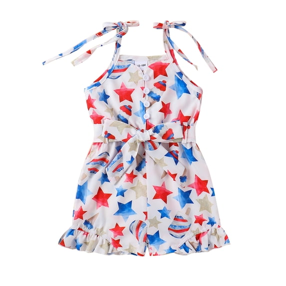 Aojekbee 4th of July Toddler Rompers Overalls Girls Stars Balloon Print Tie-Up Spaghetti Strap Sleeveless Bodysuits Jumpsuit with Belt
