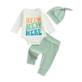 thumbnail image 1 of Aojekbee Baby 3Pcs Spring Outfits Long Sleeve Crew Neck Letter Romper + Pants + Hat Set Infant Clothes, 1 of 10