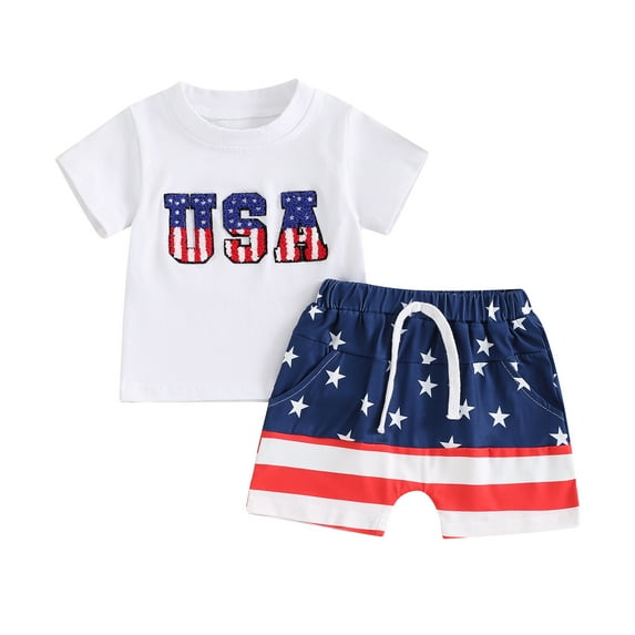 Aojekbee Baby Boy 4th of July Outfits, Short Sleeve Letter Embroidery Tops + Elastic Waist Striped Shorts Toddler Independence Day Set