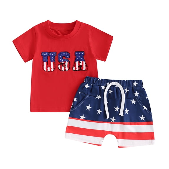 Aojekbee Baby Boy 4th of July Outfits, Short Sleeve Letter Embroidery Tops + Elastic Waist Striped Shorts Toddler Independence Day Set