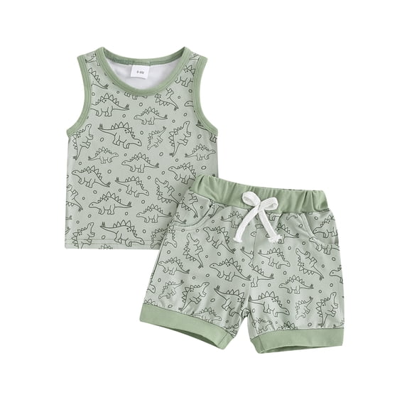 Aojekbee Baby Boy Dinosaur Outfits, Sleeveless Round Neck Tank Tops + Elastic Waist Shorts 2 Piece Summer Set for Infant Toddler