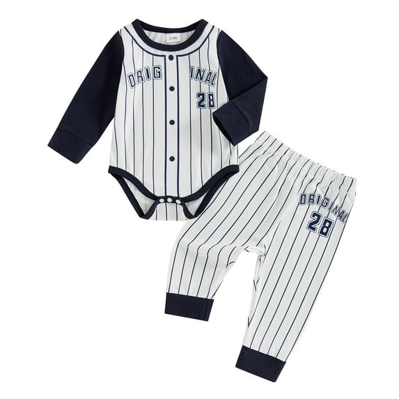 Aojekbee Baby Boy Fall Baseball Outfit Stripe Print Long Sleeve Round Neck Romper with Long Pants 2 Pcs Set