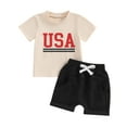 thumbnail image 1 of Aojekbee Baby Boy Girl 4th of July Outfits, Letter Print Short Sleeve Tops + Elastic Waist Shorts Independence Day Set for Infant Toddler, 1 of 10