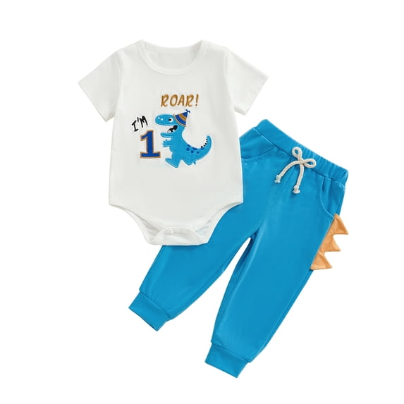 Aojekbee Baby Boy Girl First Birthday Outfit, Dinosaur Embroidery Short Sleeve Romper Elastic Waist Pants Toddler Summer Set