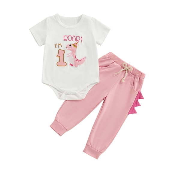 Aojekbee Baby Boy Girl First Birthday Outfit, Dinosaur Embroidery Short Sleeve Romper Elastic Waist Pants Toddler Summer Set