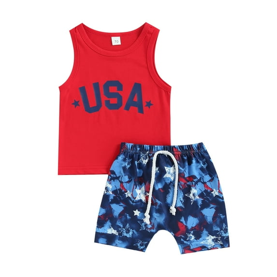 Aojekbee Baby Boy Independence Day Suit Letters Print Sleeveless Tank Tops Elastic Waistband Blue Shorts
