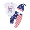 thumbnail image 1 of Aojekbee Baby Boy Patriotic Outfit Letter Print Short Sleeves Romper and Elastic Star Stripe Pants Beanies Hat Set, 1 of 10