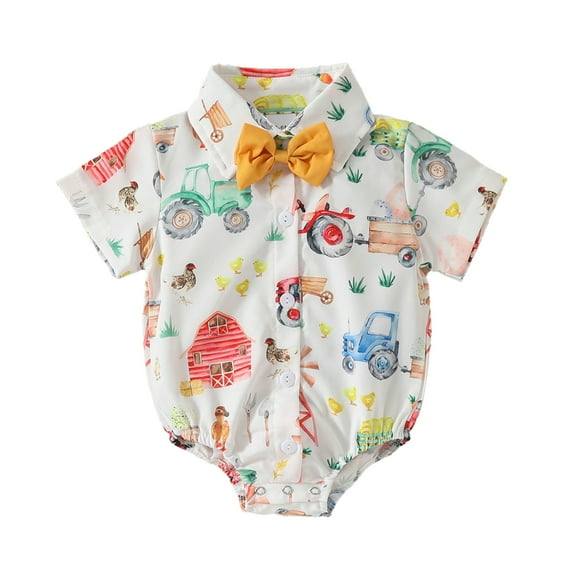 Aojekbee Baby Boy Romper, Short Sleeve Cow Chicken Tractor Print Summer Bodysuit Clothes for Casual Daily