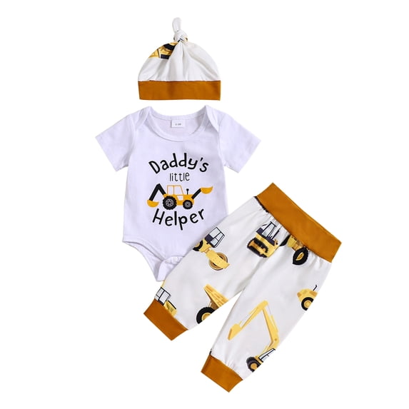 Aojekbee Baby Boy Summer Outfit Letter Print Short Sleeves Romper and Elastic Digger Print Pants Beanies Hat Set 3 Piece Clothes