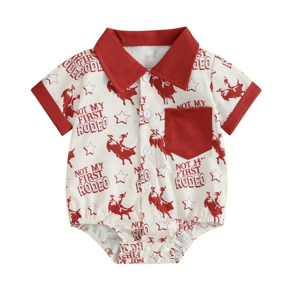 Aojekbee Baby Boy Summer Romper Lapel Neck Button Down Short Sleeve Horse Print Jumpsuit Infant Toddler Cowgirl Clothes