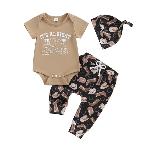 Aojekbee Baby Boy Western Outfit, Letter Print Short Sleeve Romper Boot Print Pants Hat 3 Piece Newborn Clothing Set