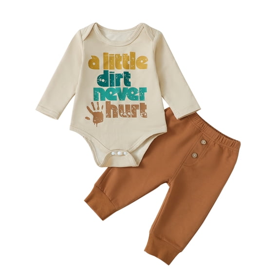 Aojekbee Baby Boys 2PCS Outfit Sets Long Sleeve Letter Palm/Letter Tractor Print Romper Solid Color Pants Sets