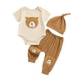 thumbnail image 1 of Aojekbee Baby Boys 3Pcs Summer Outfits Short Sleeve Bear Print Romper + Pants + Hat Set Newborn Clothes, 1 of 10