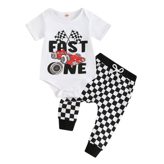 Aojekbee Baby Boys First Birthday Outfit, Short Sleeve Racer Print Romper with Plaid Pants Summer Outfit