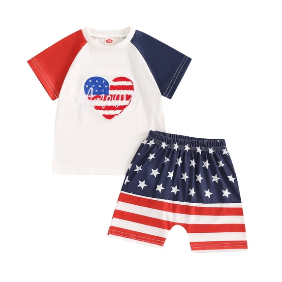 Aojekbee Baby Boys Girls Independence Day Outfit, Heart Embroidery Short Sleeve Tops Star Print Shorts Toddler Summer Set