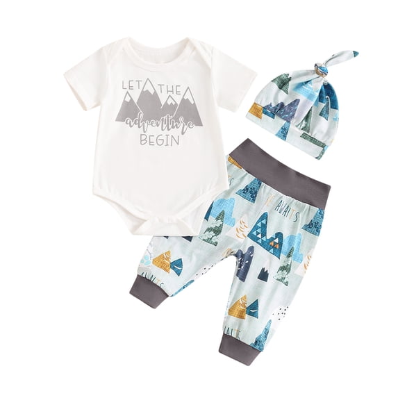 Aojekbee Baby Boys Girls Summer Outfits Letter Animals Print Crew Neck Short Sleeve Rompers Long Pants Hat 3Pcs Clothes Set