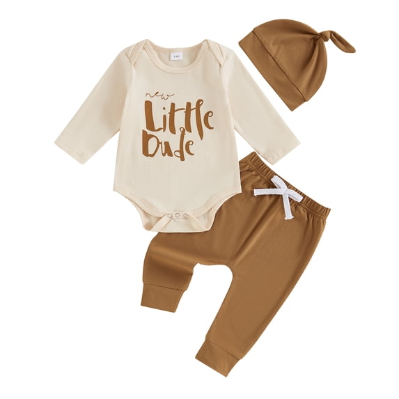 Aojekbee Baby Boys Pants Set, Long Sleeve Crew Neck Letters Print Romper with Sweatpants and Hat Fall Outfit