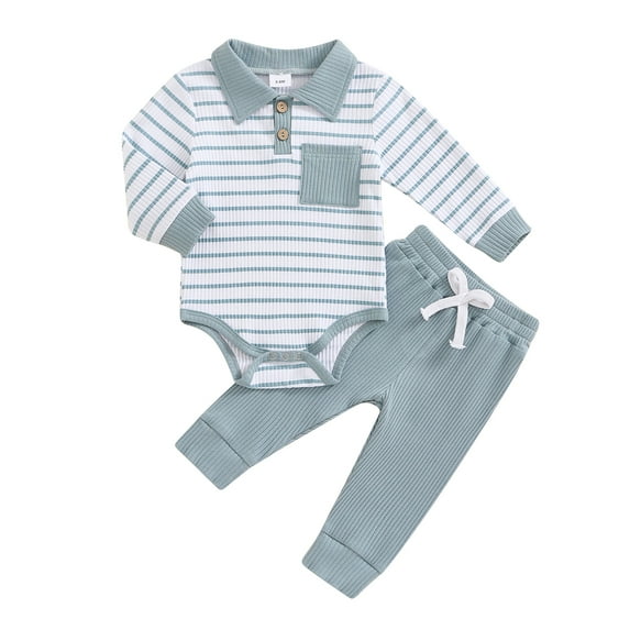 Aojekbee Baby Boys Pants Set, Long Sleeve Striped Romper with Pants Fall Outfit for Casual Daily