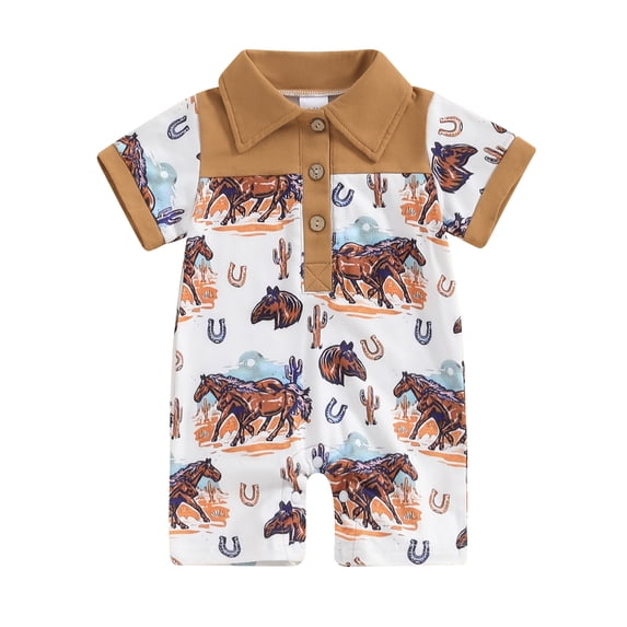 Aojekbee Baby Boys Romper Casual Rooster Print Button Down Lapel Neck Short Sleeve Jumpsuit Newborn Toddler Summer Clothes