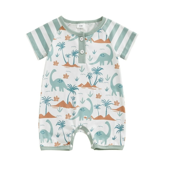 Aojekbee Baby Boys Summer Jumpsuit Casual Dinosaur Print Round Neck Short Sleeve Romper for Newborn Cute Clothes
