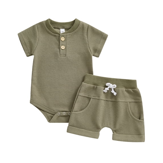 Aojekbee Baby Boys Summer Shorts Sets Short Sleeve Button Up Waffle Romper and Casual Shorts Sets
