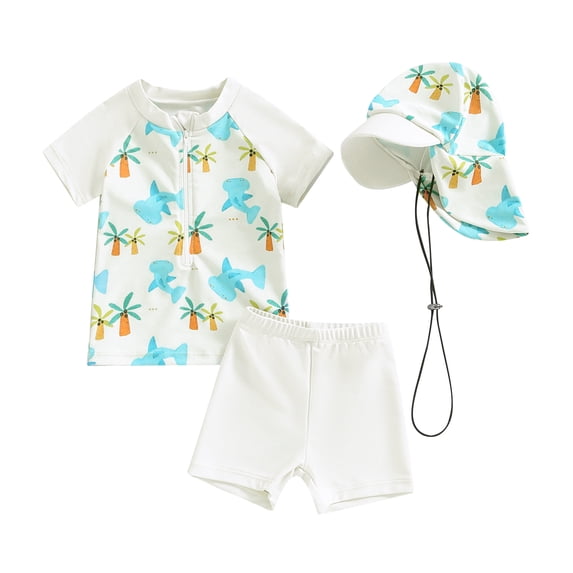 Aojekbee Baby Boys Swimsuit Set Summer Shark Print Zipper Short Sleeve Rash Guard and Swim Trunks and Hat Swimwear Beachwear