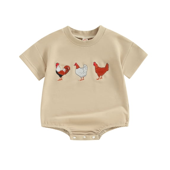 Aojekbee Baby Bubble Romper Short Sleeve Round Neck Farm Animal Embroidery Bodysuit Infant Summer Playsuit
