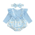 thumbnail image 1 of Aojekbee Baby Girl 2Pcs Fall Outfits Long Sleeve Ribbed Suspender Romper with Headband Set Infant Clothes, 1 of 10