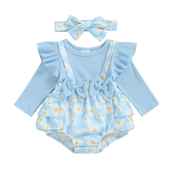 Aojekbee Baby Girl 2Pcs Fall Outfits Long Sleeve Ribbed Suspender Romper with Headband Set Infant Clothes