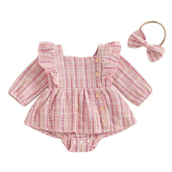 Aojekbee Baby Girl 2Pcs Fall Outfits Long Sleeve Tweed Romper Dress with Headband Set Infant Clothes