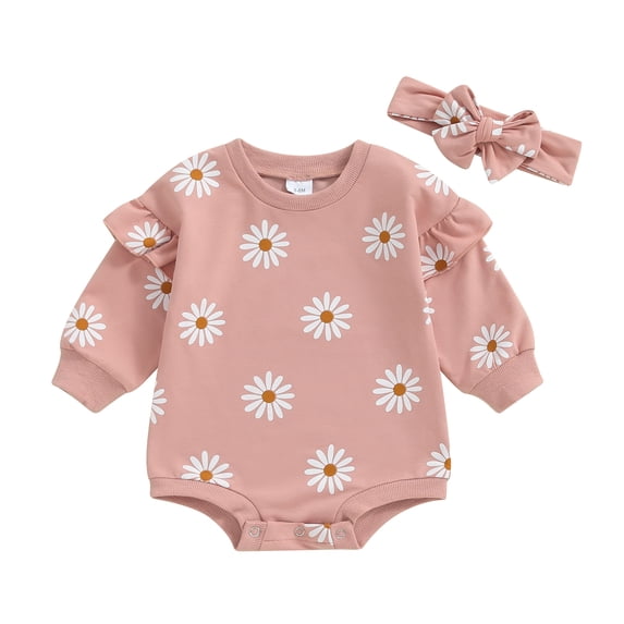 Aojekbee Baby Girl 2Pcs Fall Outfits Ruffle Long Sleeve Floral Print Romper with Headband Set Infant Clothes