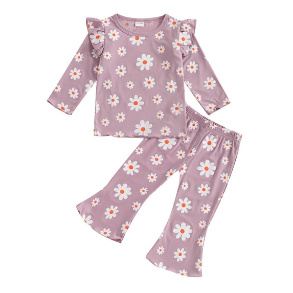 Aojekbee Baby Girl 2Pcs Fall Outfits Ruffle Long Sleeve Floral Print Tops + Flare Pants Set Toddler Clothes