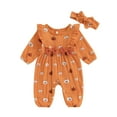 thumbnail image 1 of Aojekbee Baby Girl 2Pcs Fall Outfits Ruffle Long Sleeve Pumpkin Print Jumpsuit with Headband Set Newborn Clothes, 1 of 10