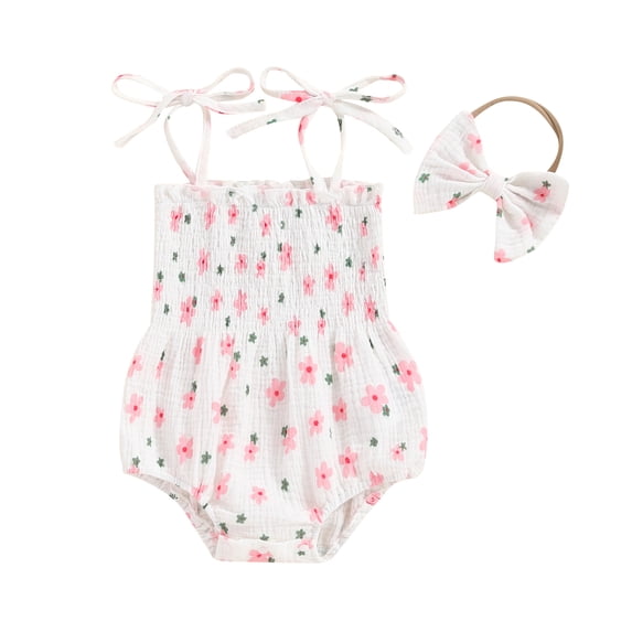 Aojekbee Baby Girl 2Pcs Summer Outfits Cute Sleeveless Tie Strap Floral Romper with Headband Set Newborn Clothes